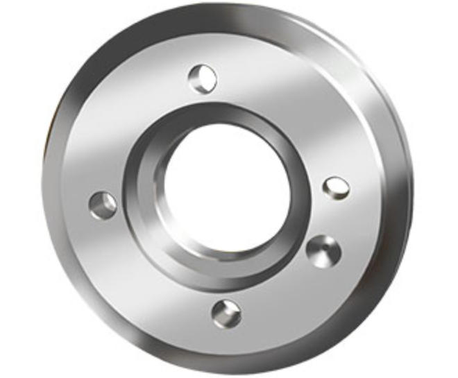 A2 series chuck back plate, circular steel adapter with central bore and mounting holes.