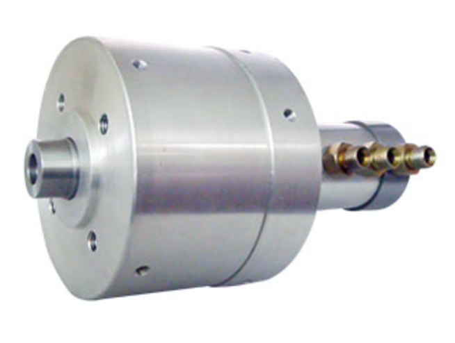 Hydraulic rotary cylinder with three side ports for CNC lathe chuck actuation.