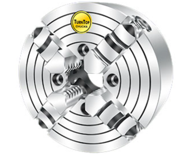 Four-jaw independent lathe chuck with stepped serrated jaws.