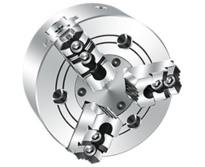 Three-jaw closed-centre power chuck with serrated master jaws.