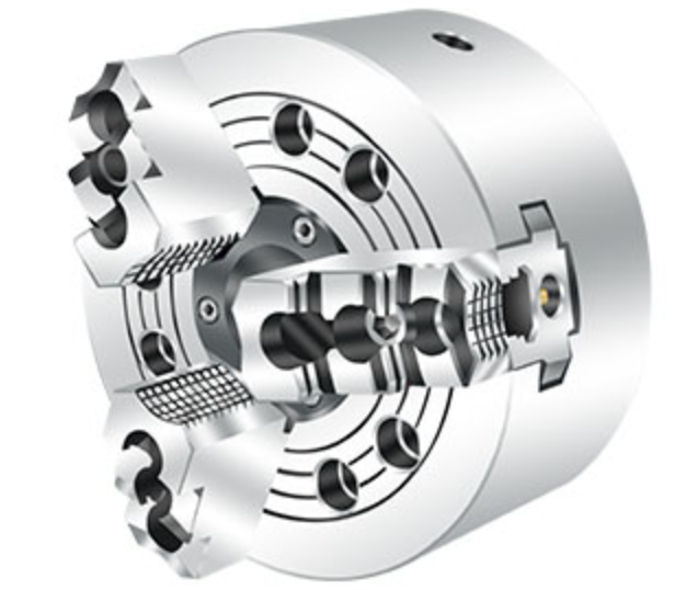 Three-jaw open-centre power chuck for CNC lathe bar work.