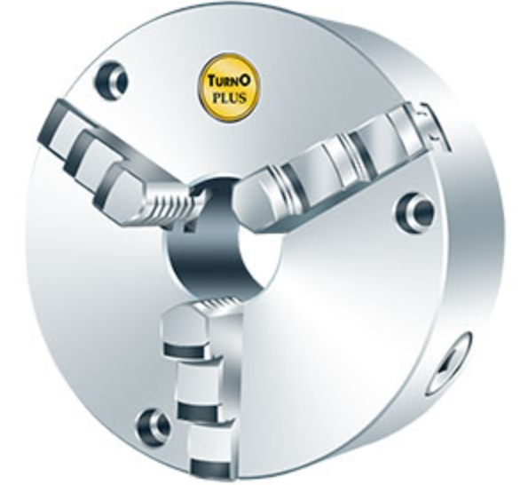 Three-jaw standard self-centring lathe chuck with stepped jaws on a white background.